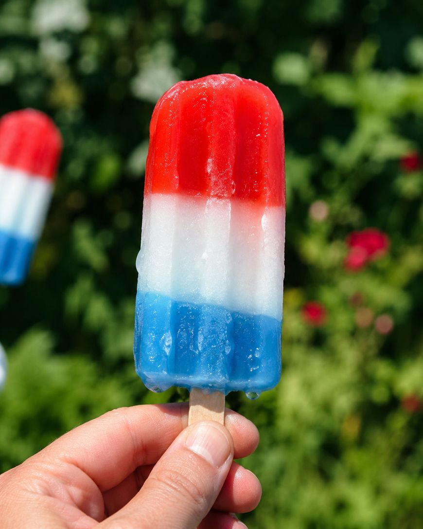 A hand holding a red, white, and blue popsicle with a blurred green background and another similar popsicle in the distance.