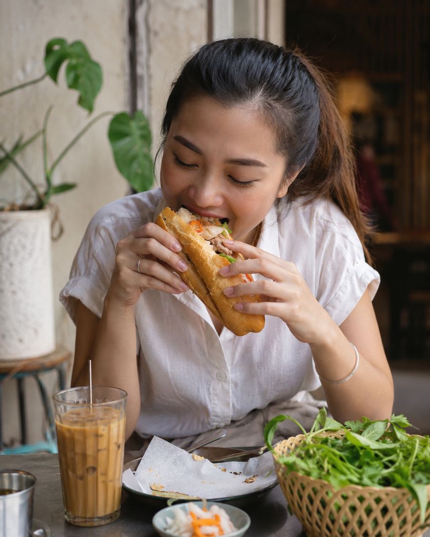 A woman in a white shirt is sitting at a table, taking a big bite of a sandwich. In front of her are a glass of iced drink, a basket of greens, and small dishes of vegetables. Plants and indoor decor are visible in the background.