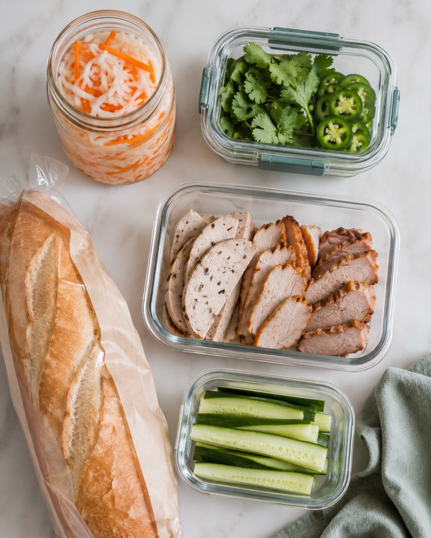 A jar of pickled vegetables, containers of cilantro with sliced jalapeños, sliced meats, cucumber sticks, and a baguette are arranged on a white surface.