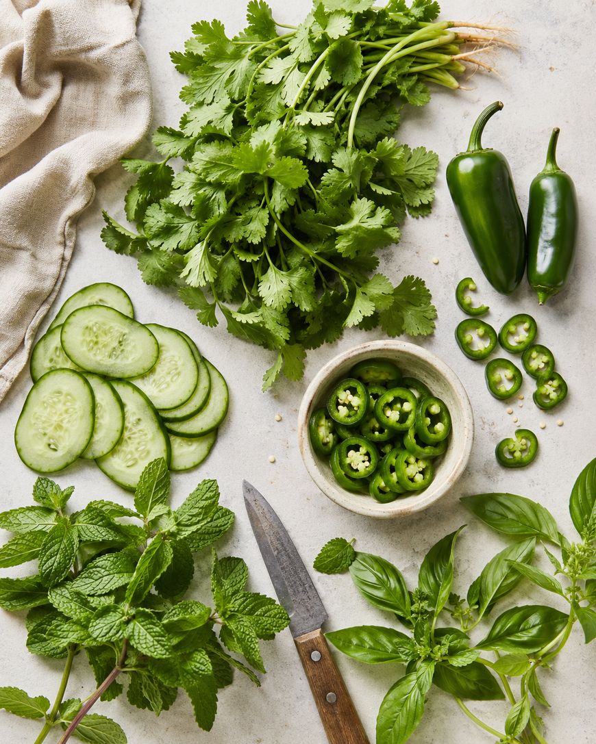 Assorted fresh herbs and vegetables on a light surface: cilantro, mint, basil, cucumber slices, whole and sliced jalapeños, a small bowl of jalapeño slices, a knife, and a beige cloth in the corner.