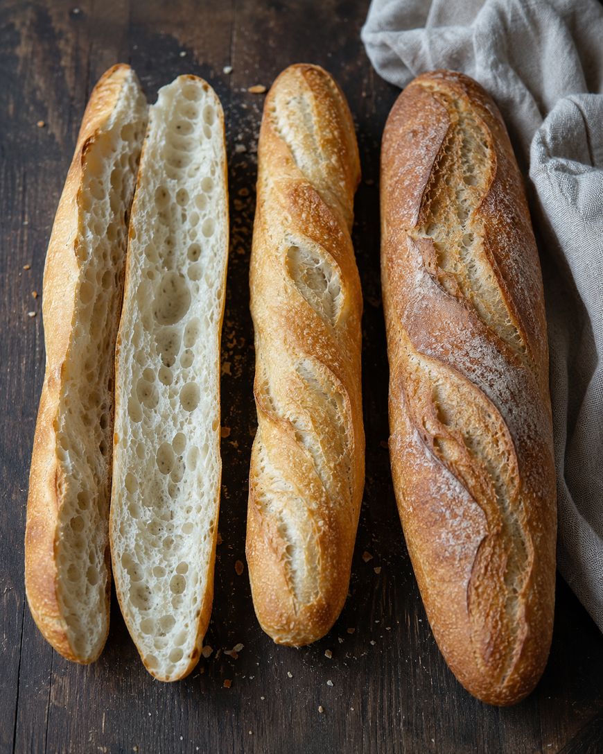 Three baguettes on a dark wooden surface: one sliced open to show its airy crumb, and two whole with golden, crisp crusts. A light-colored cloth is partially visible in the upper right corner.