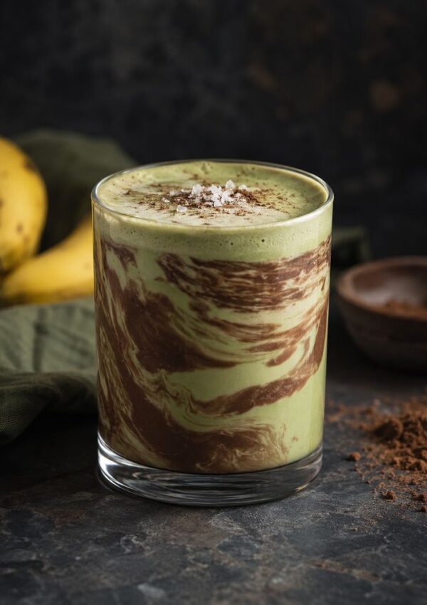 A glass filled with a creamy green drink, reminiscent of a Banana Matcha Latte, is topped with a sprinkle of salt or powder and sits on a dark stone surface, surrounded by bananas and cocoa powder in the background.