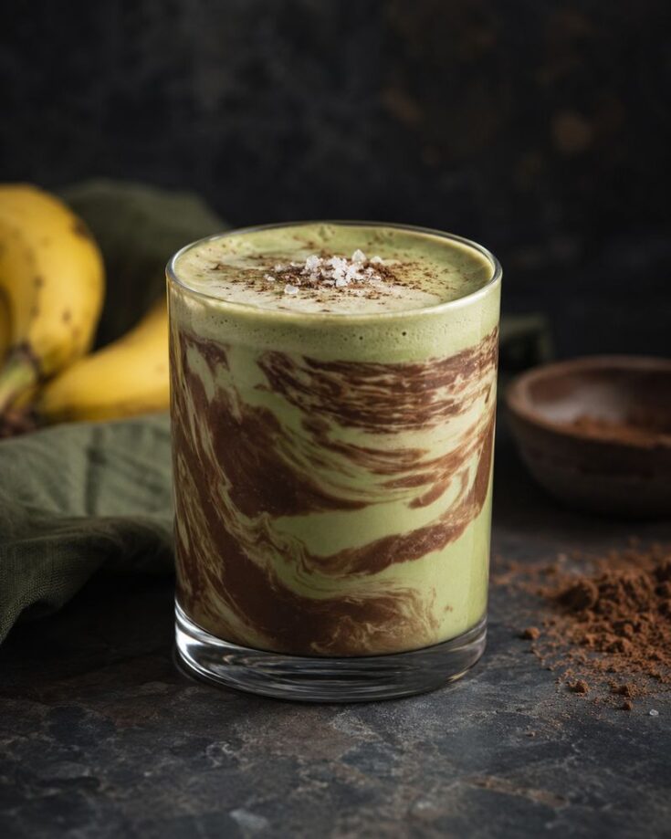 A glass filled with a creamy green drink, reminiscent of a Banana Matcha Latte, is topped with a sprinkle of salt or powder and sits on a dark stone surface, surrounded by bananas and cocoa powder in the background.