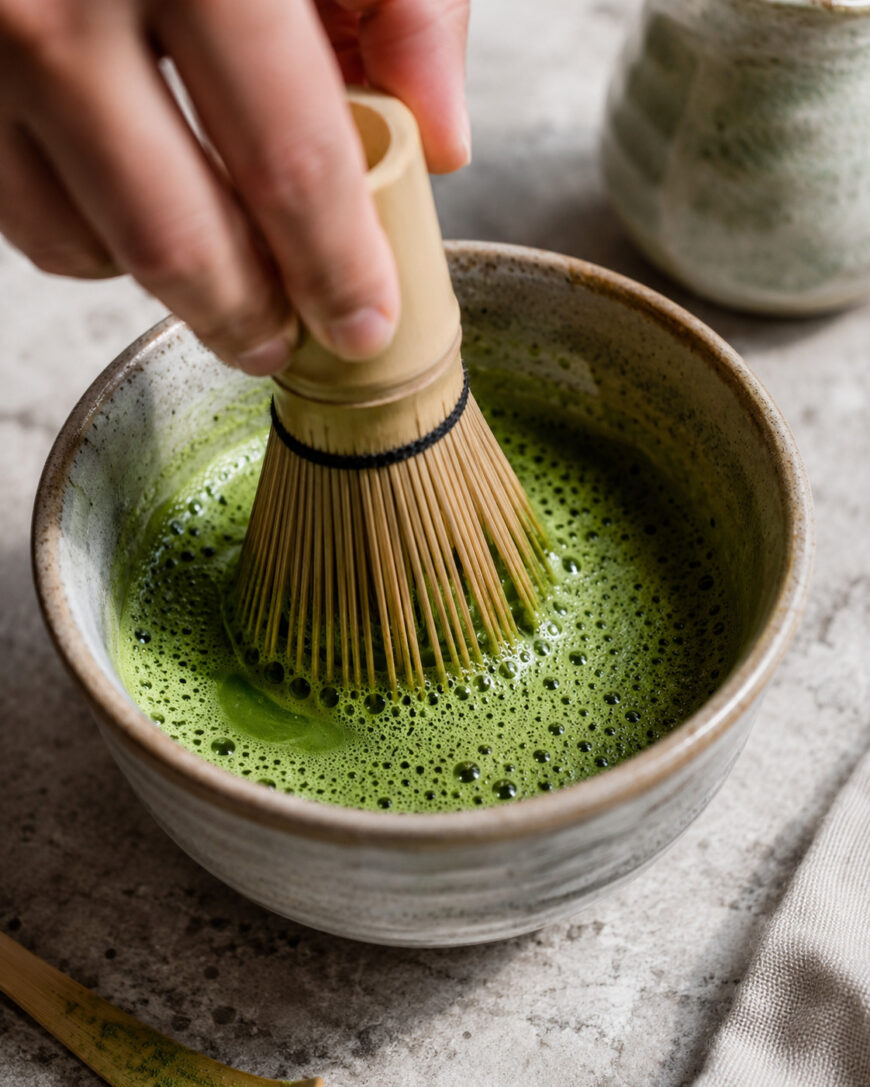 A hand uses a bamboo whisk to mix frothy green matcha tea in a ceramic bowl on a gray surface.