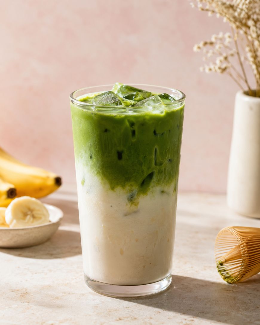 A tall glass of iced matcha latte with distinct layers of green matcha on top and creamy milk at the bottom, set on a light surface with a banana, a whisk, and a vase of dried flowers in the background.