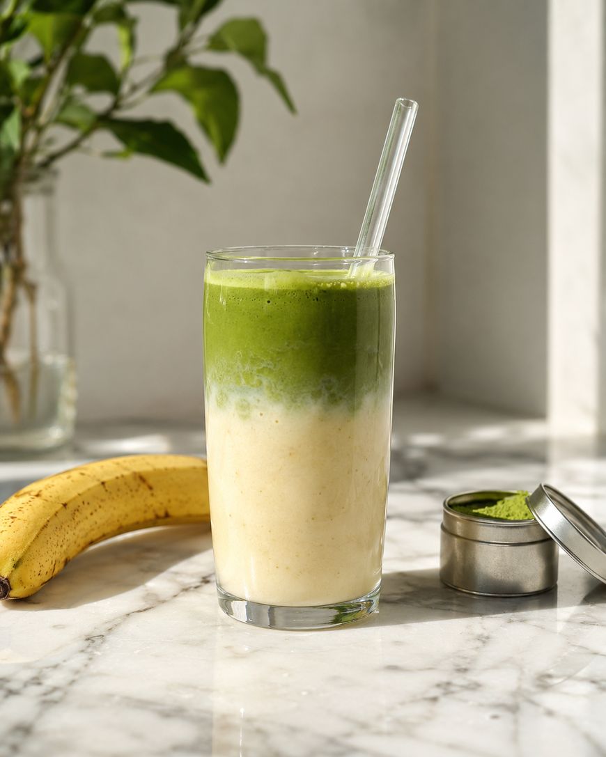 A glass of banana matcha smoothie with a glass straw sits on a marble surface. A ripe banana, an open tin of matcha powder, and a leafy plant in a glass vase are in the background with sunlight streaming in.