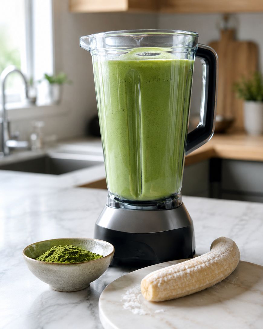 A blender filled with green smoothie sits on a kitchen counter next to a bowl of green powder and a peeled banana on a small plate. The background shows a sink and kitchen decor.