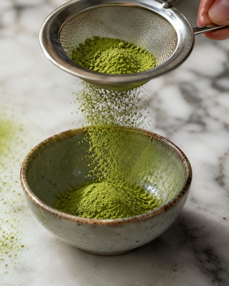 A hand sifts vibrant green matcha powder through a metal strainer into a ceramic bowl on a marble surface.