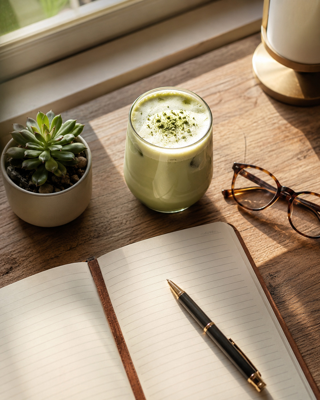 A glass of iced matcha latte, a potted succulent, eyeglasses, and an open lined notebook with a pen rest on a wooden desk by a sunny window.