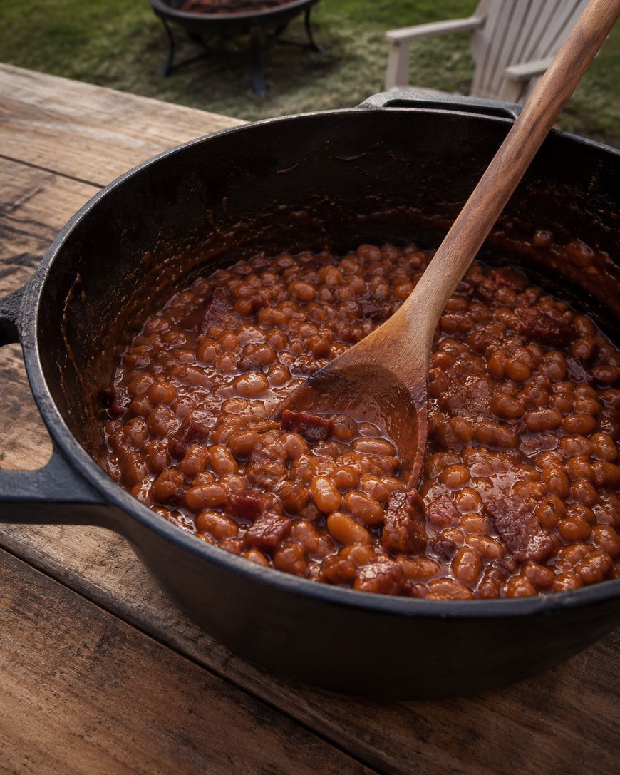 A cast iron pot filled with baked beans and pieces of bacon, with a wooden spoon resting inside, sits on a rustic wooden table outdoors.