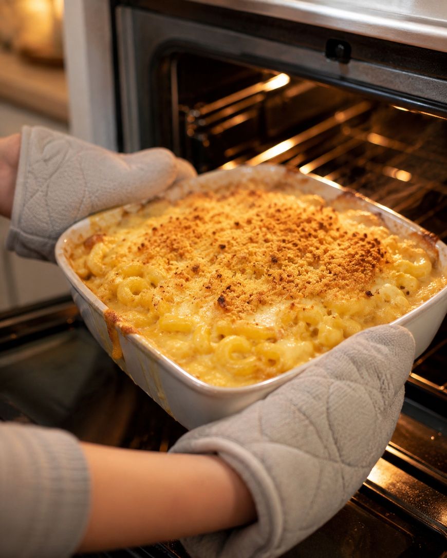 A person wearing oven mitts is removing a baking dish of freshly baked macaroni and cheese with a golden, crispy topping from an oven.