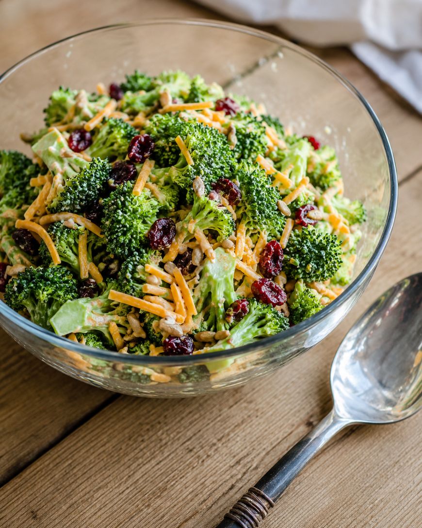 A glass bowl filled with broccoli salad that includes shredded cheddar cheese, dried cranberries, sunflower seeds, and a creamy dressing sits on a wooden table next to a metal serving spoon.