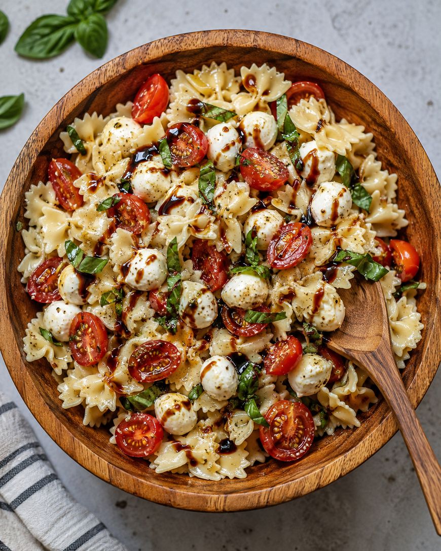 A wooden bowl filled with bow tie pasta, cherry tomatoes, mozzarella balls, fresh basil, and a drizzle of balsamic glaze; a wooden spoon rests inside. A striped napkin and basil leaves are nearby.