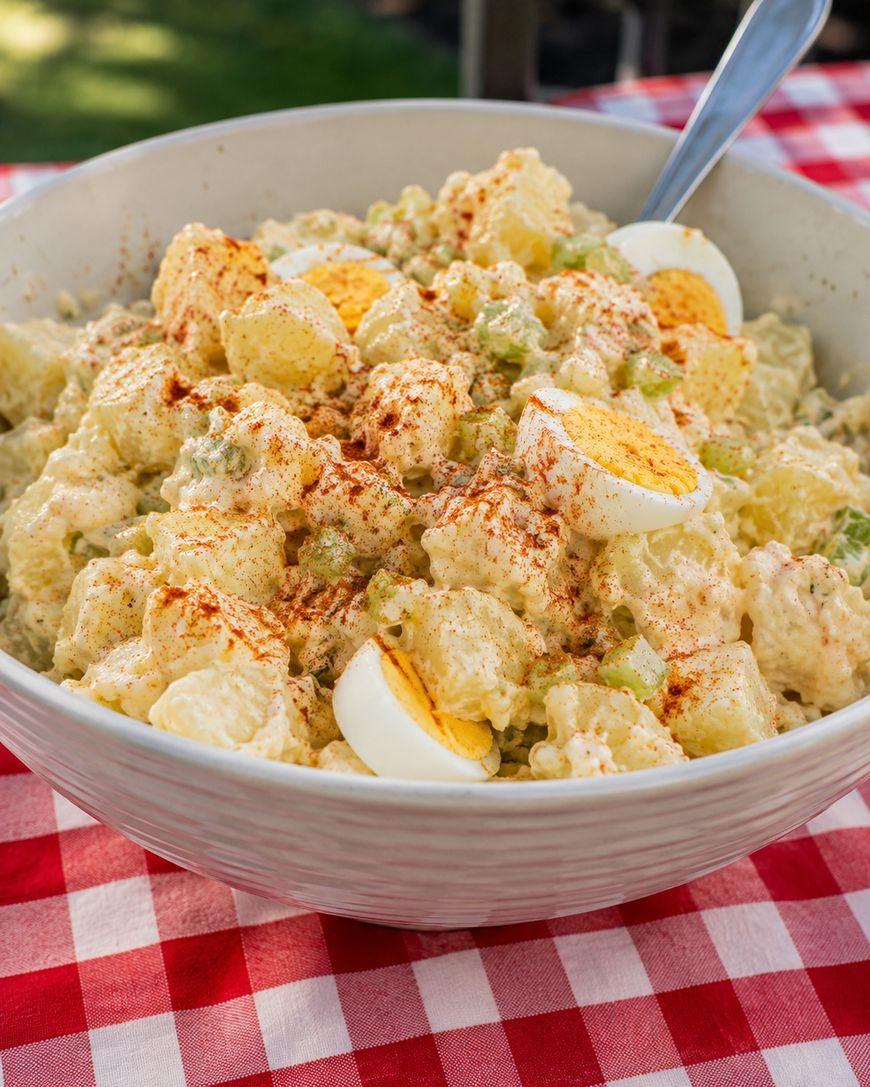 A large white bowl filled with creamy potato salad topped with sliced hard-boiled eggs and sprinkled with paprika, sitting on a red and white checkered tablecloth. A serving spoon is in the bowl.