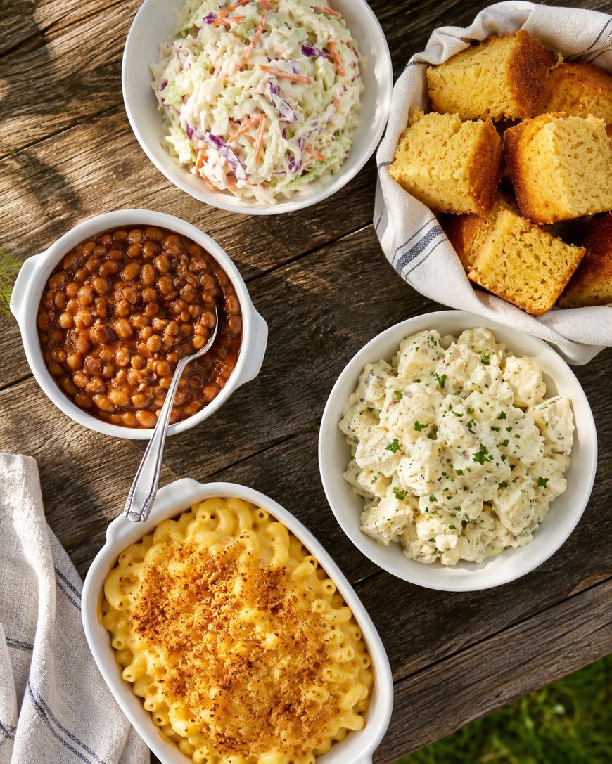 An overhead view of classic picnic sides on a wooden table: coleslaw, cornbread, baked beans, potato salad with herbs, and baked macaroni and cheese with a golden breadcrumb topping.