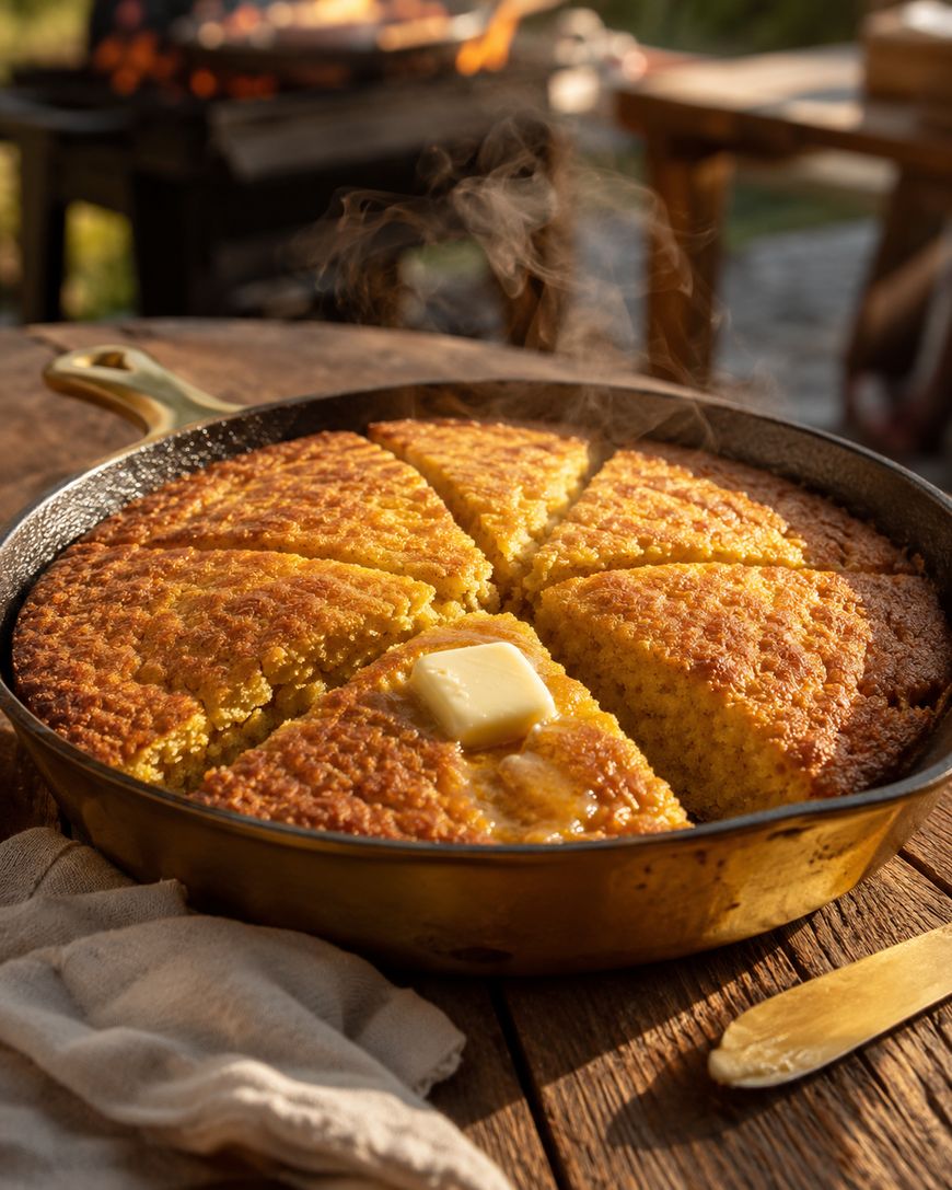 A golden skillet cornbread, sliced into wedges, sits on a wooden table with a melting pat of butter in the center. Steam rises from the cornbread, and sunlight streams in from the background.