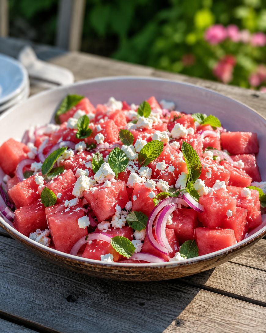 A bowl of watermelon salad with feta cheese, red onion slices, and fresh mint leaves, set on a wooden table outdoors with blurred greenery and flowers in the background.
