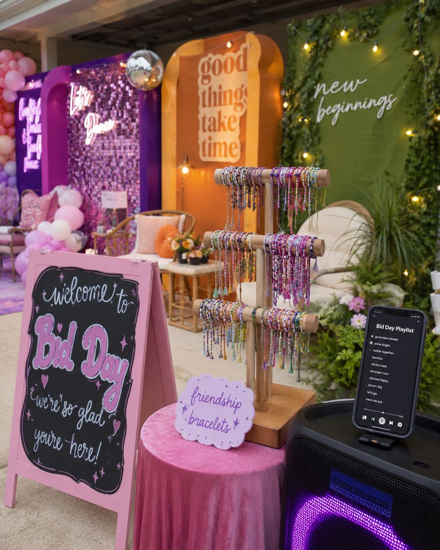 A festive indoor space decorated with balloons, signs reading “good things take time” and “new beginnings,” a pink “Bid Day” welcome sign, a display of colorful friendship bracelets, and a music playlist on a phone.