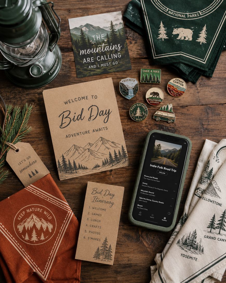 A flat lay of nature-themed items: “Bid Day” invitations, forest bandanas, embroidered pins, a lantern, a pine sprig, and a phone open to a road trip Spotify playlist on a rustic wood surface.
