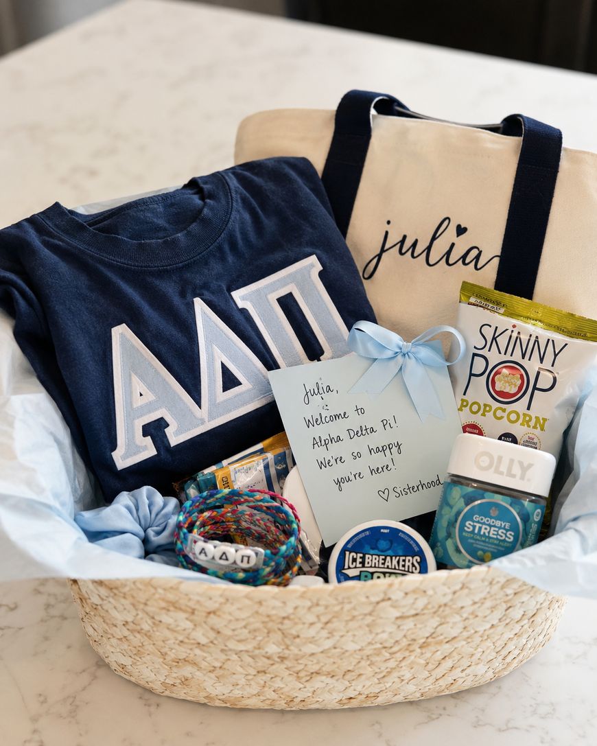 A gift basket contains a navy Alpha Delta Pi shirt, a personalized tote bag labeled julia, snacks, supplements, braided wristbands, and a handwritten welcome note for a new sorority sister.
