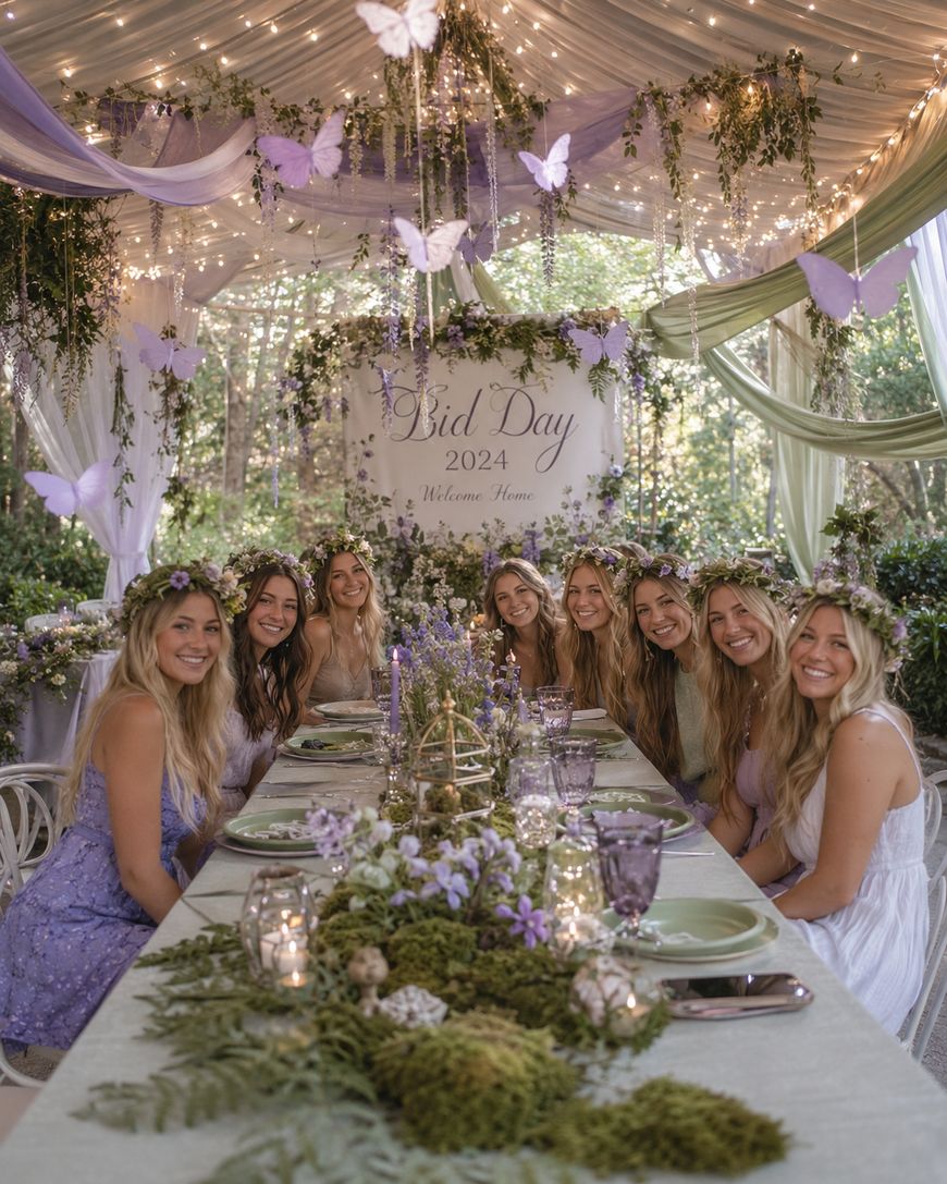 A group of eight women in pastel dresses and flower crowns sit at a decorated table with greenery, flowers, and candles under hanging butterflies and draped lights. A sign reads Bid Day 2024 Welcome Home.