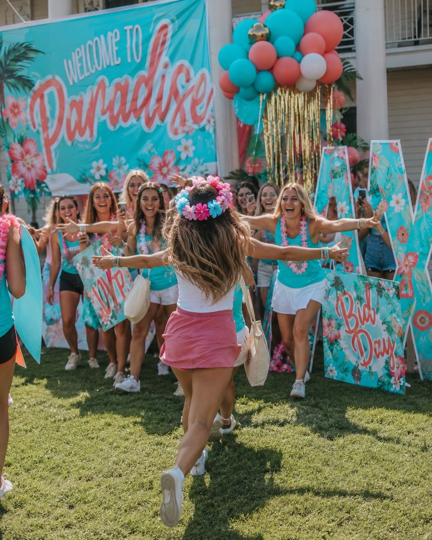 A group of smiling women in summer outfits and flower leis greet another woman running toward them with open arms at an outdoor event. Colorful banners, balloons, and a “Welcome to Paradise” sign are in the background.