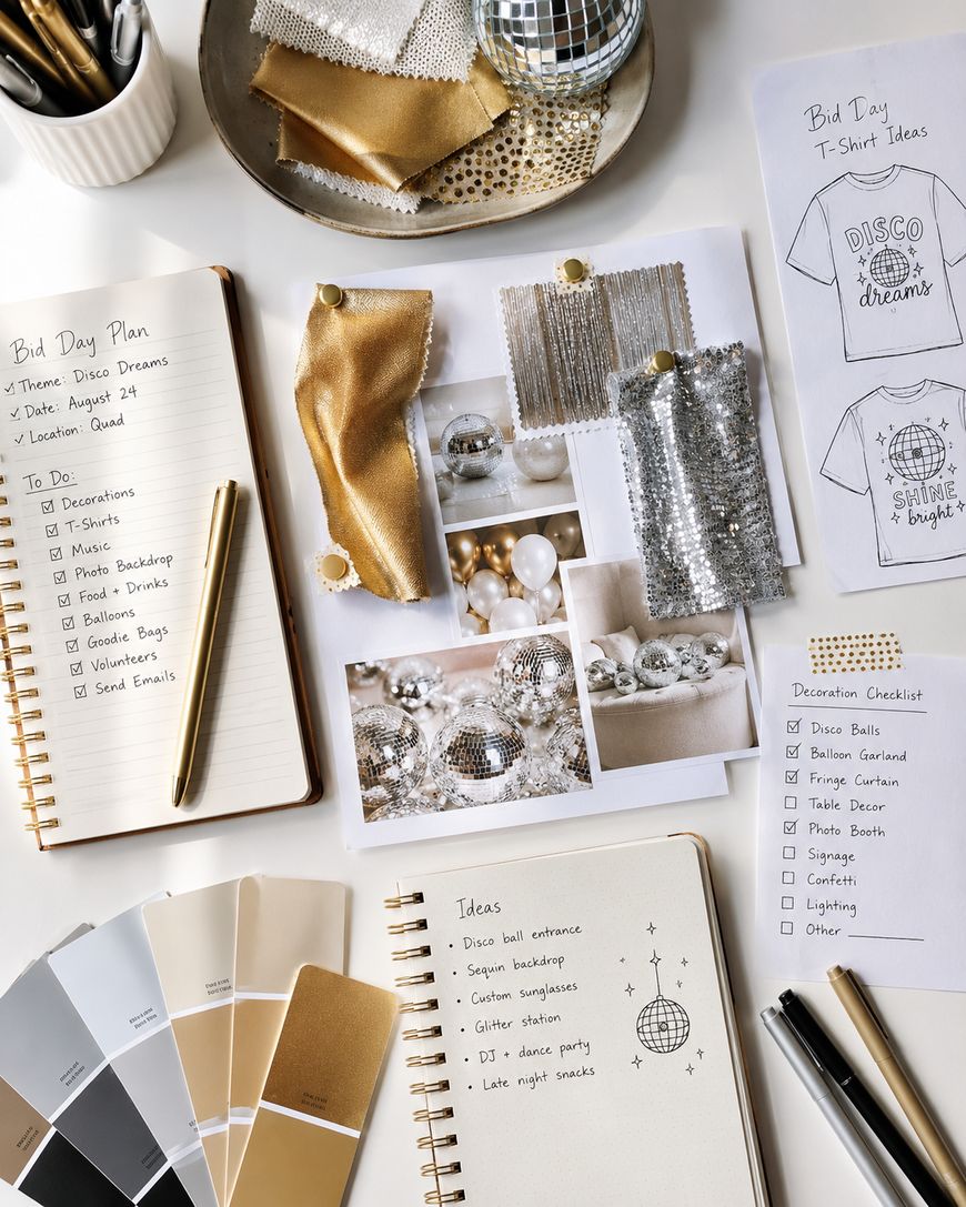 A flat lay of notebooks, fabric swatches, sequin samples, printed disco ball photos, color swatches, and decorated lists on a white table, all related to planning a disco-themed event.