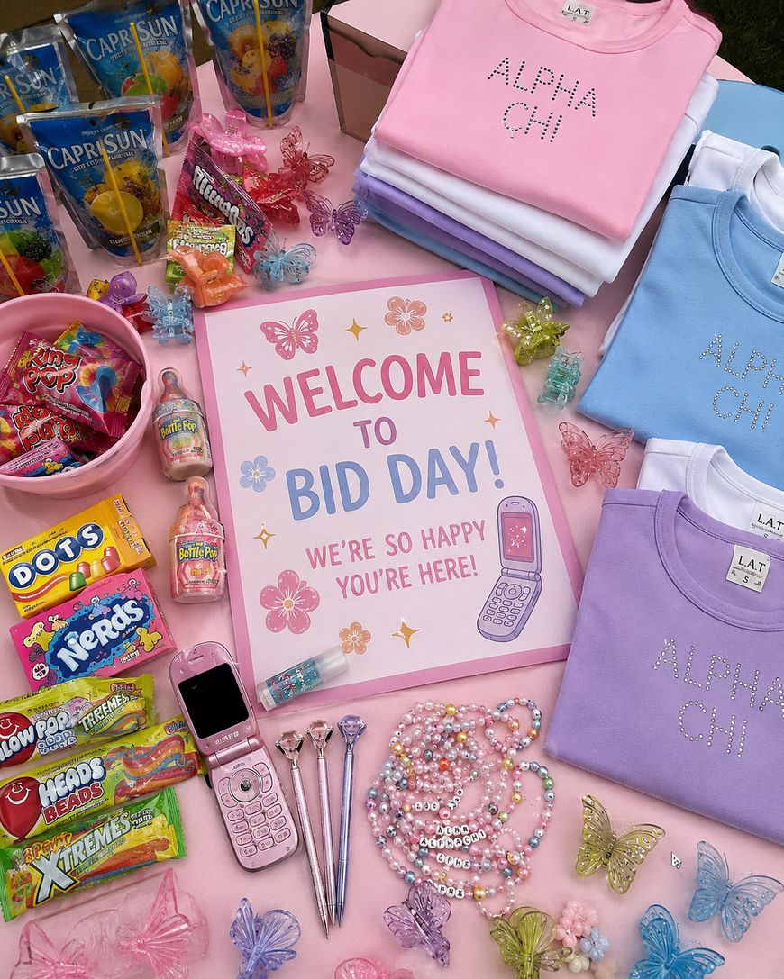 A pastel-themed table displays stacked Alpha Chi shirts, candy, Capri Sun drinks, butterfly decorations, beaded necklaces, sparkly pens, a pink flip phone, and a sign that reads “Welcome to Bid Day! We’re so happy you’re here!”.