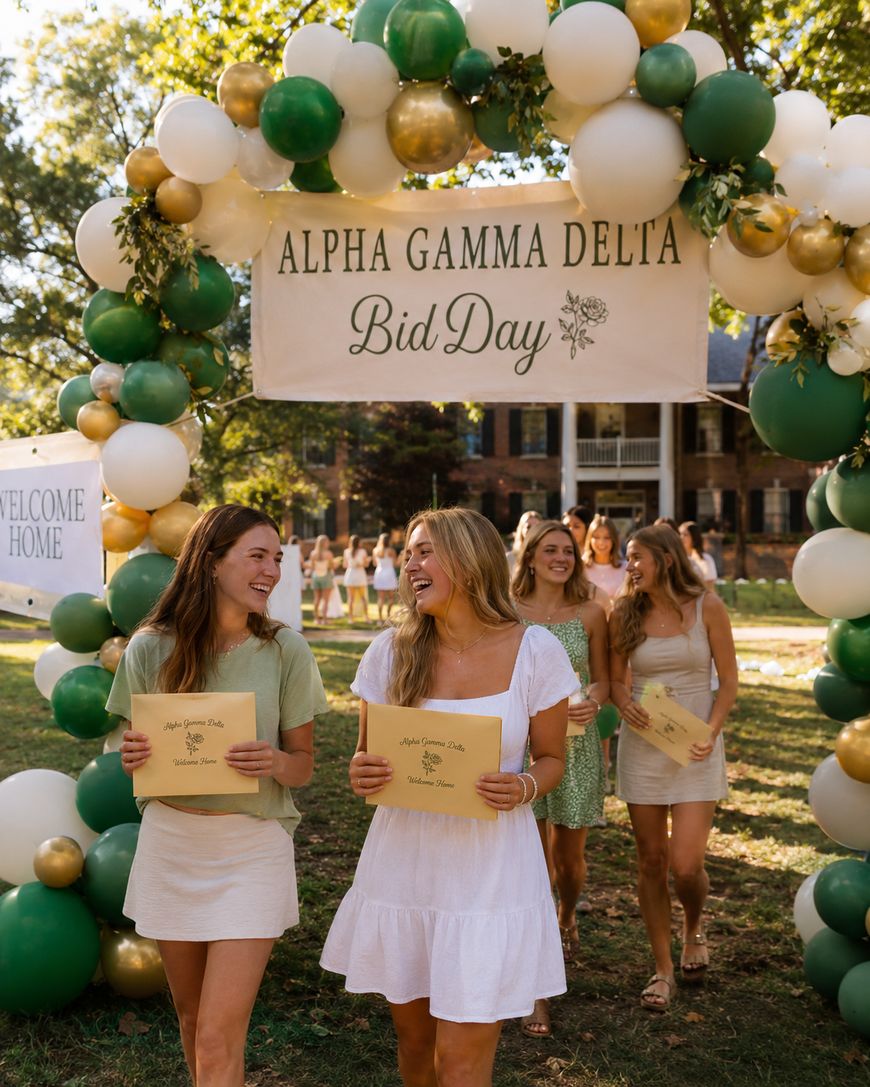 A group of smiling young women walk under a balloon arch with a sign that reads Alpha Gamma Delta Bid Day. They hold envelopes and wear summer dresses, celebrating outdoors on a sunny day.