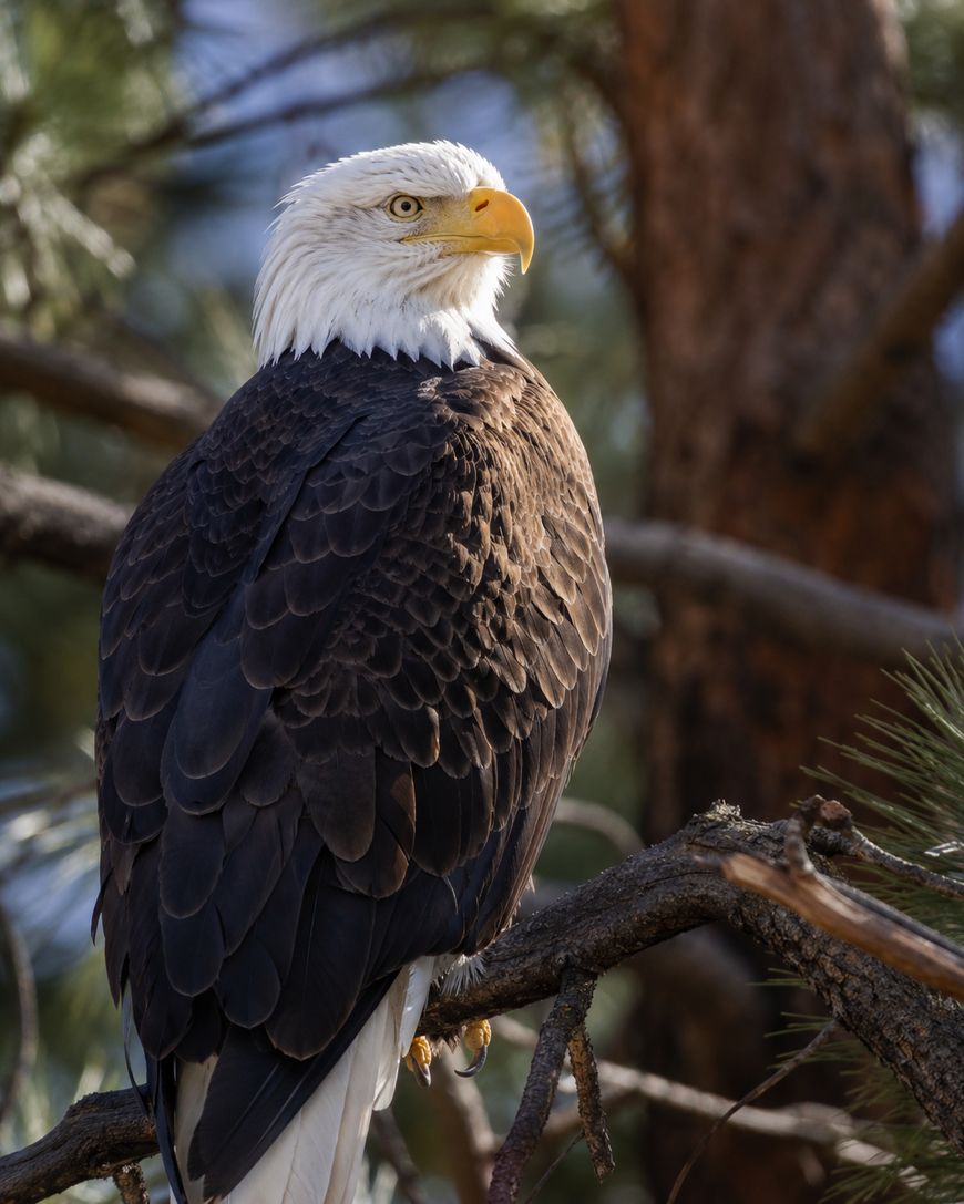 A bald eagle with white head feathers and yellow beak perches on a tree branch, looking to the left. Brown feathers cover its body, and pine branches are visible in the background.