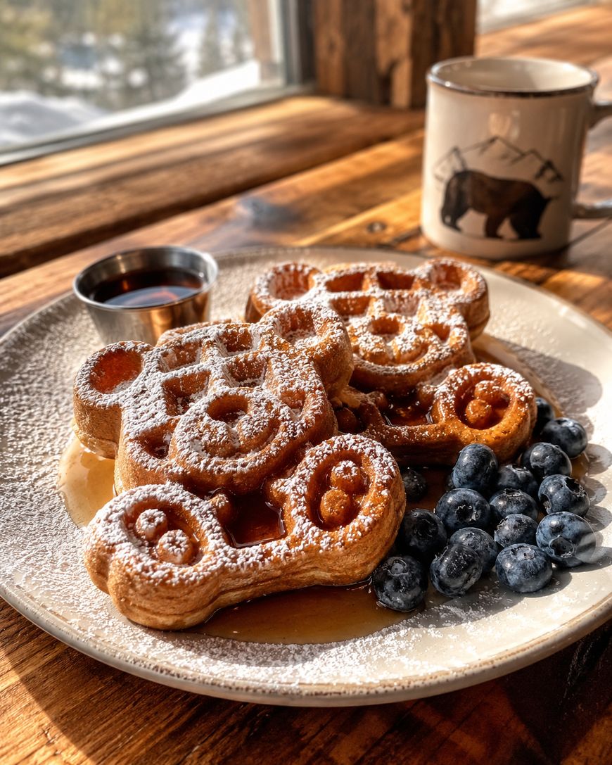 A plate of Mickey Mouse-shaped waffles dusted with powdered sugar, served with blueberries, syrup, and a mug with a bear design, on a wooden table near a sunny window.
