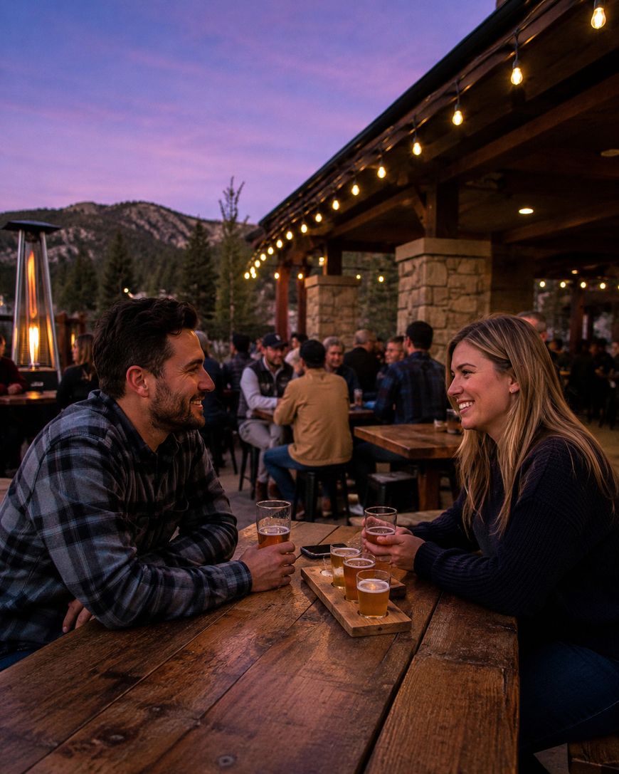 A man and woman smile at each other while sitting at a rustic wooden table outdoors, holding drinks under string lights at sunset, with mountains and other people in the background.