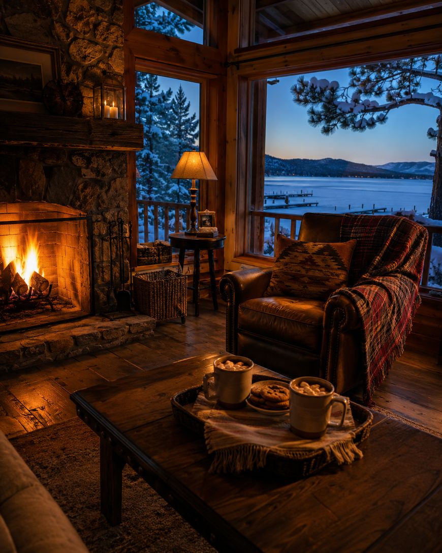 A cozy cabin living room with a lit fireplace, an armchair draped with a plaid blanket, a wooden table with mugs of hot cocoa and cookies, and large windows showing a snowy, lakeside sunset view.