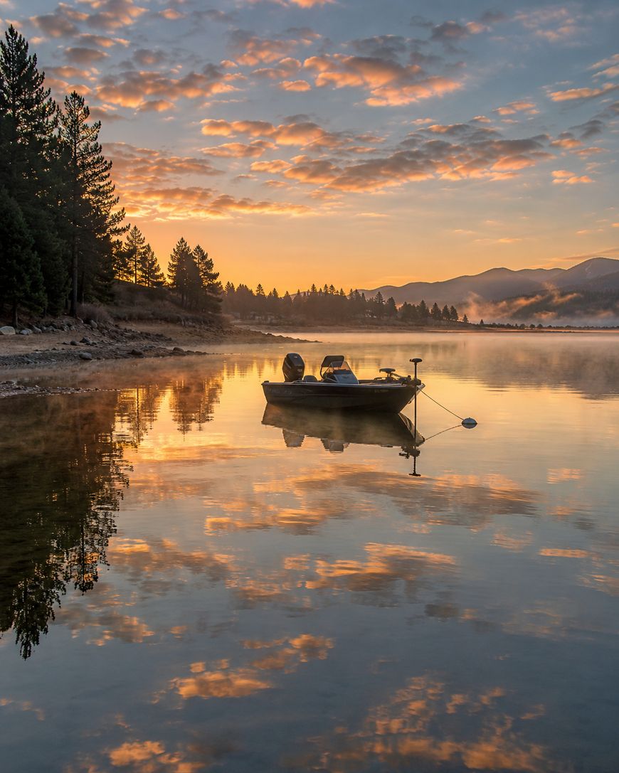A small boat is anchored on a calm lake at sunrise, surrounded by pine trees and distant mountains. The colorful sky and clouds are beautifully reflected in the still water.