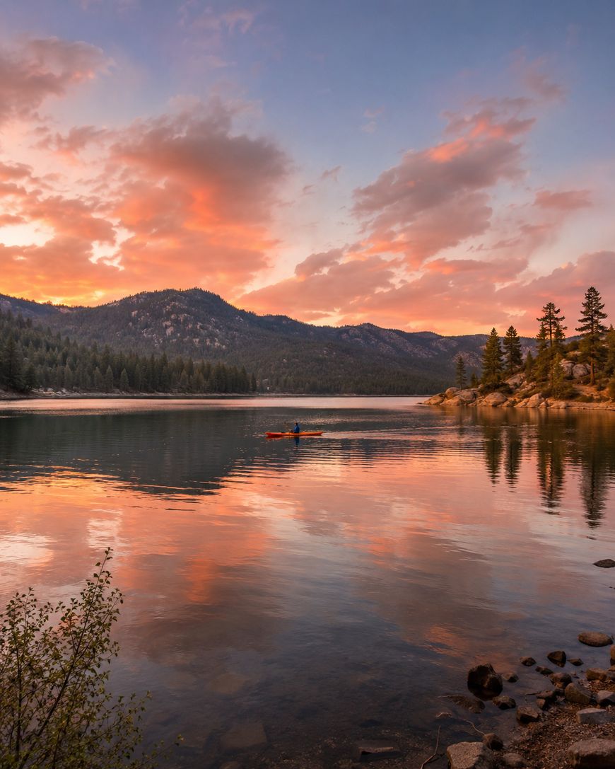 A person in a small kayak paddles on a calm lake at sunset, surrounded by pine trees and mountains. The sky is filled with colorful clouds, and their reflection shimmers on the water.