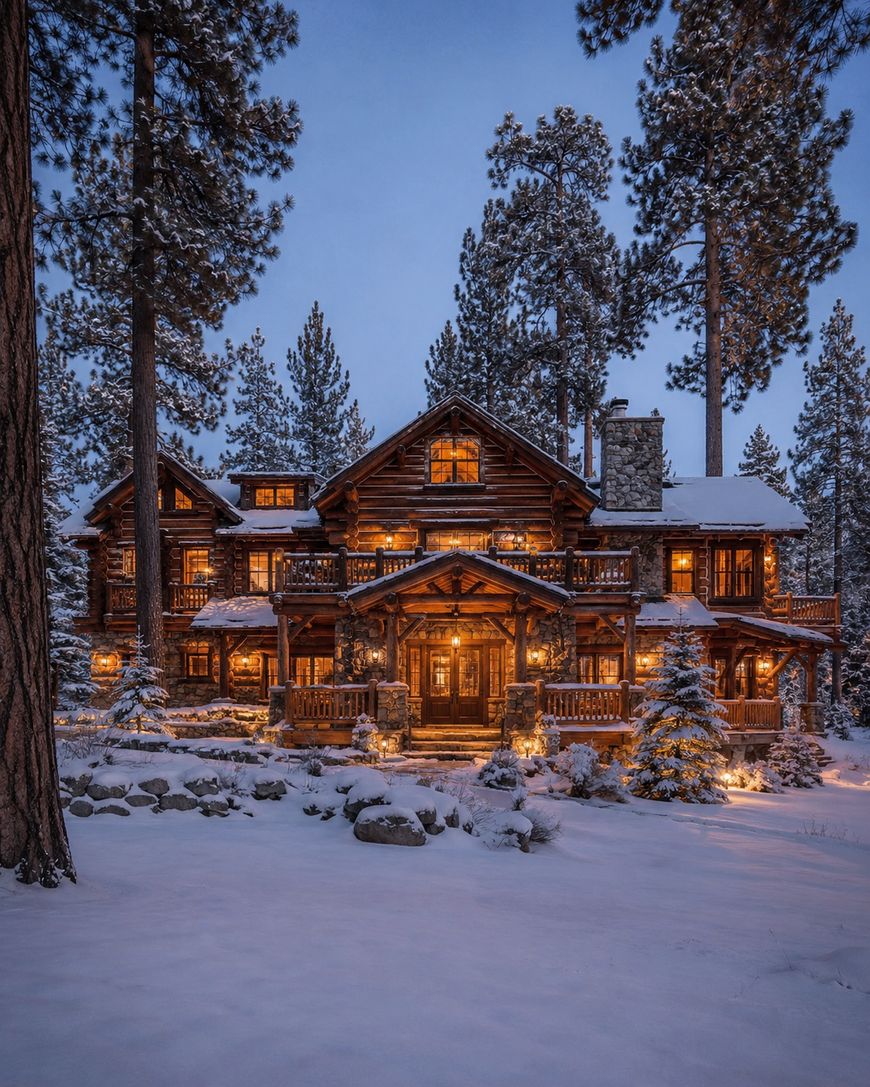 A large, rustic log cabin glows warmly at dusk, surrounded by snowy trees and a snow-covered yard. Lights shine from the windows, creating a cozy, inviting atmosphere in the winter landscape.