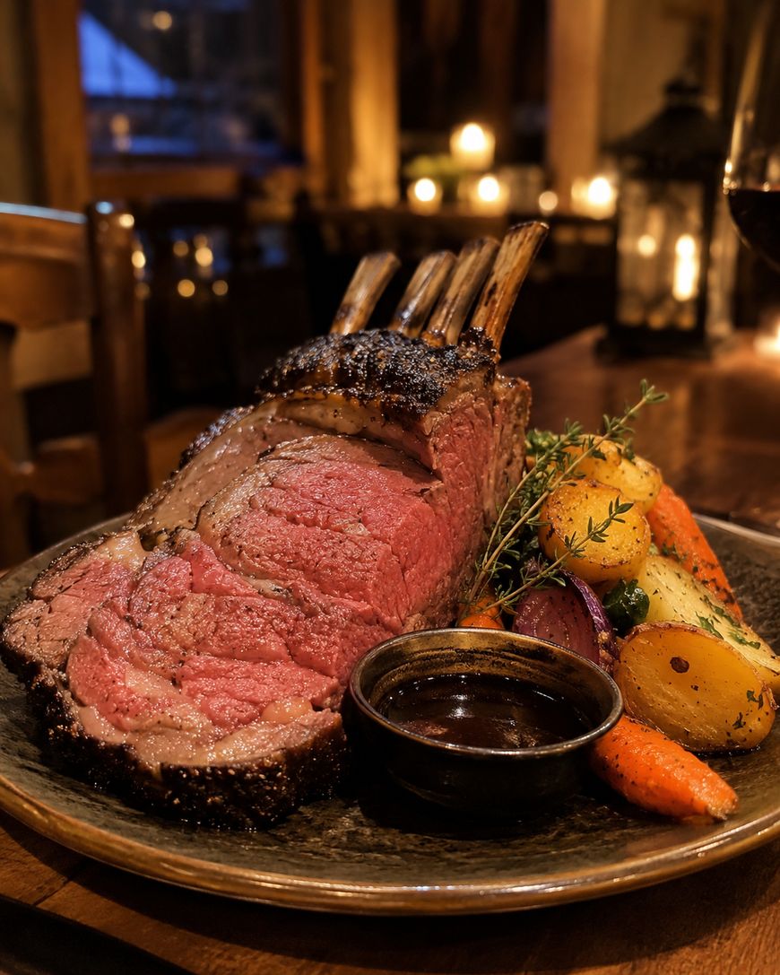 A plate featuring a thick, juicy slice of prime rib roast with rib bones, served with roasted baby potatoes, carrots, onions, fresh herbs, and a small dish of sauce, set on a wooden table in a warmly lit restaurant.