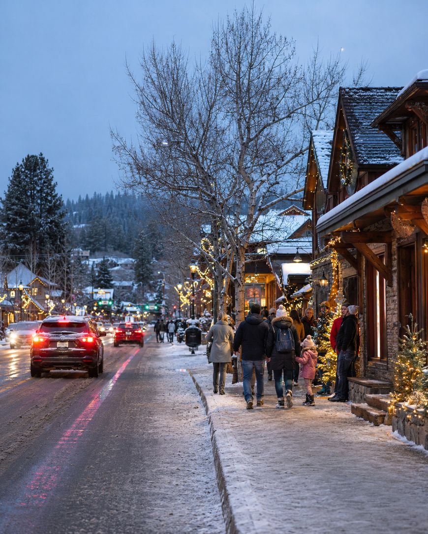 A snowy street in a small town at dusk, with cars driving by and people walking on a sidewalk lined with shops and festive holiday lights. Trees and buildings are decorated, creating a cozy winter scene.