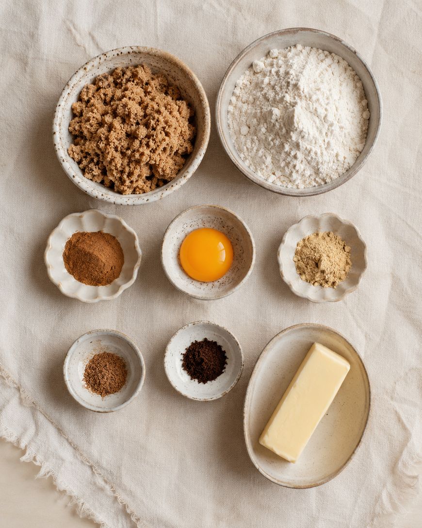 A flat lay of baking ingredients on a light cloth: brown sugar, flour, an egg yolk, a stick of butter, and small bowls of ground spices including cinnamon, nutmeg, ginger, and possibly cloves or allspice.