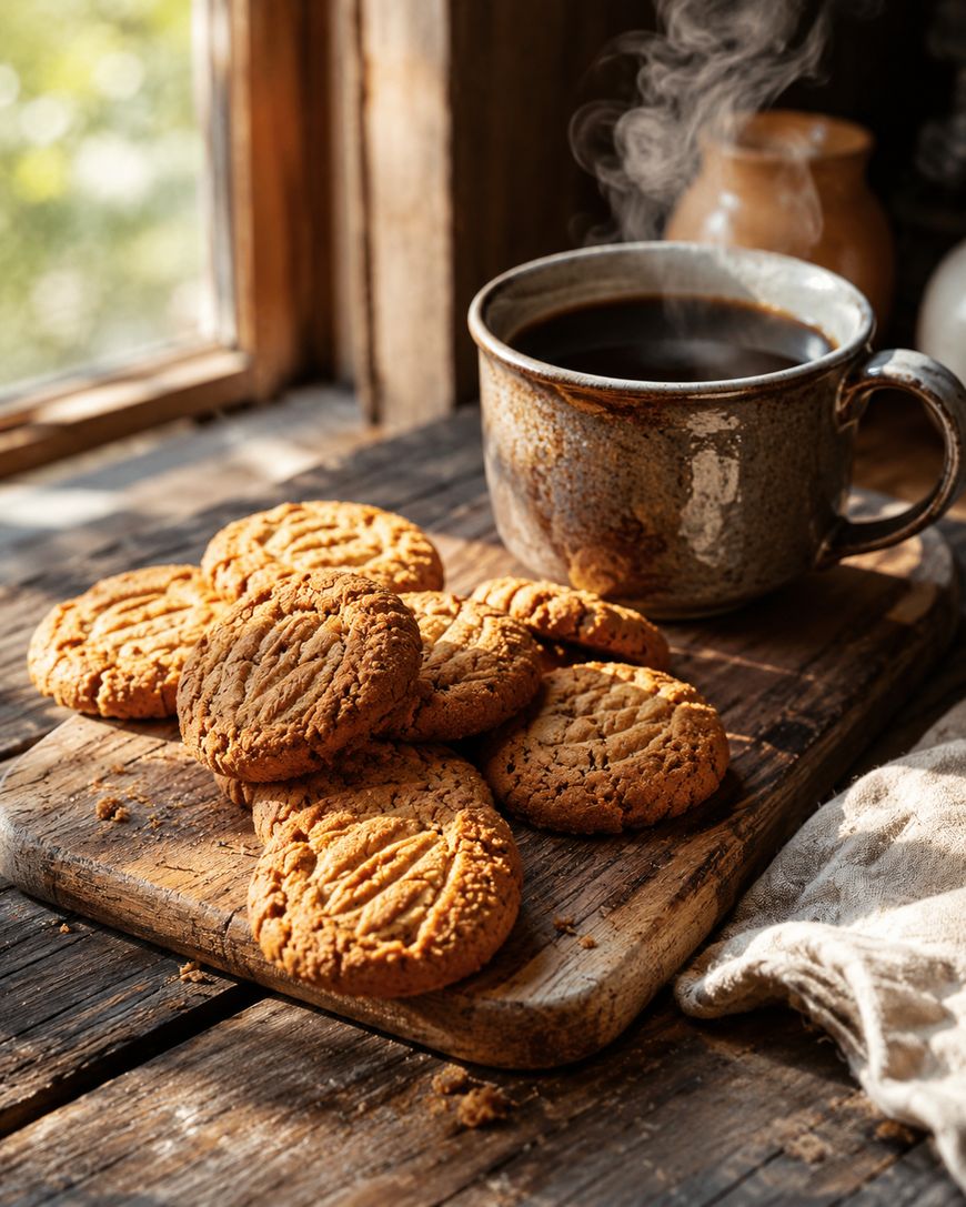 A rustic wooden table with a cutting board holding several homemade cookies beside a steaming mug of coffee, sunlight streaming through a nearby window.