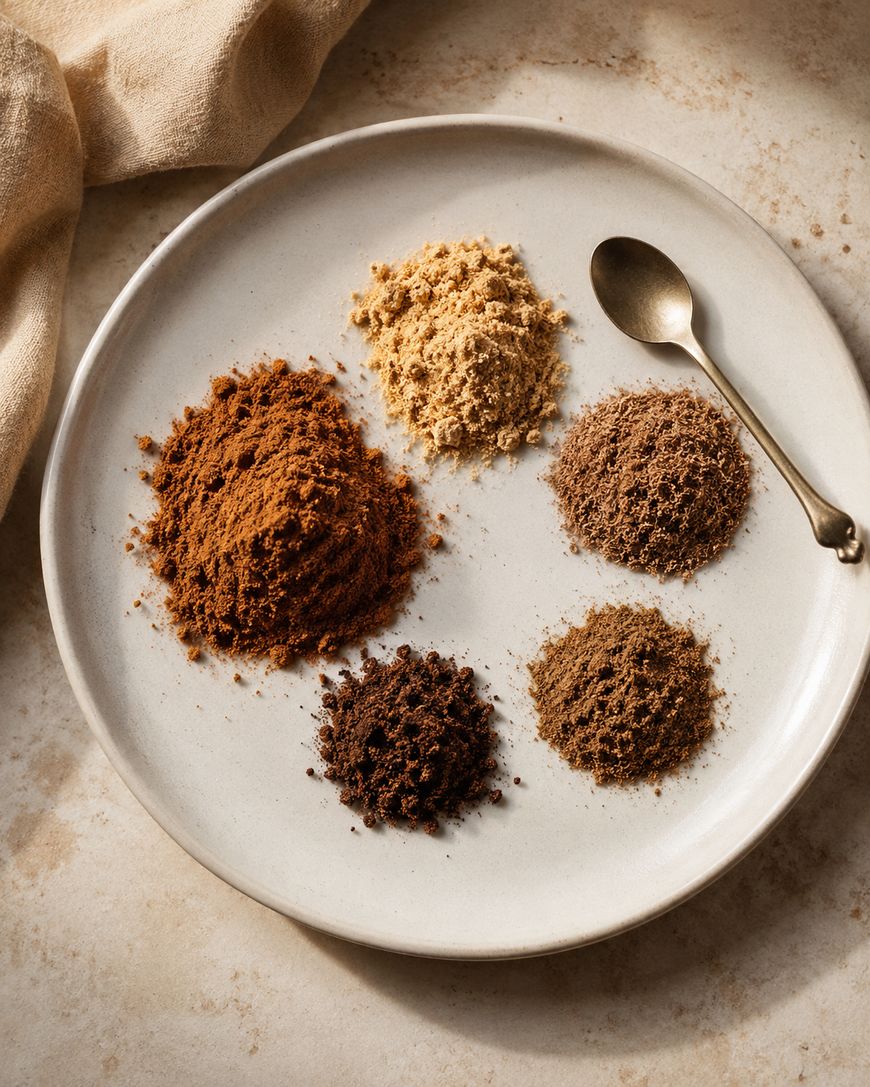 A white plate with five piles of different ground spices in varying brown shades, arranged in a circle with a small gold spoon resting on the plate. A beige cloth is partially visible in the top left corner.