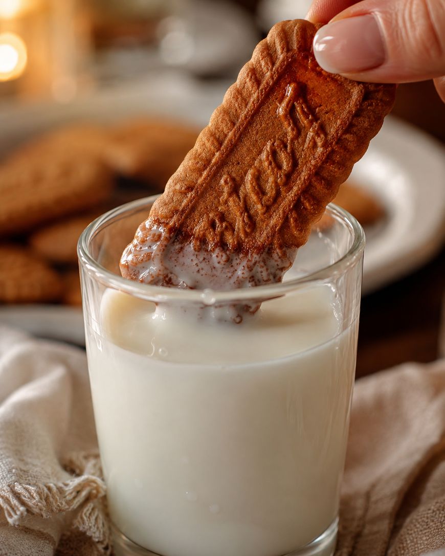 A hand dips a rectangular, ridged cookie into a glass of milk. The cookie is partially soaked, and a plate with more cookies is blurred in the background.