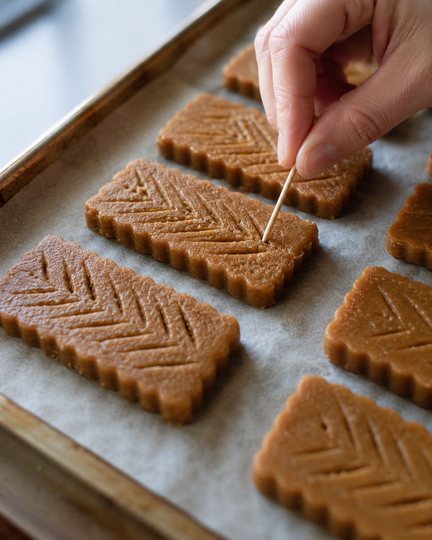 A hand uses a toothpick to create patterns on rectangular cookies with scalloped edges, arranged on a parchment-lined baking sheet.
