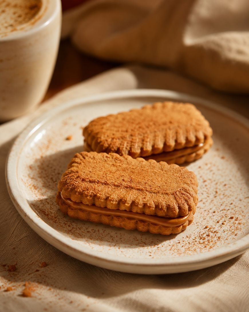Two rectangular sandwich cookies with a dusting of cinnamon on a plate, with a cup of coffee and a beige napkin in the background. Warm, soft lighting creates a cozy atmosphere.