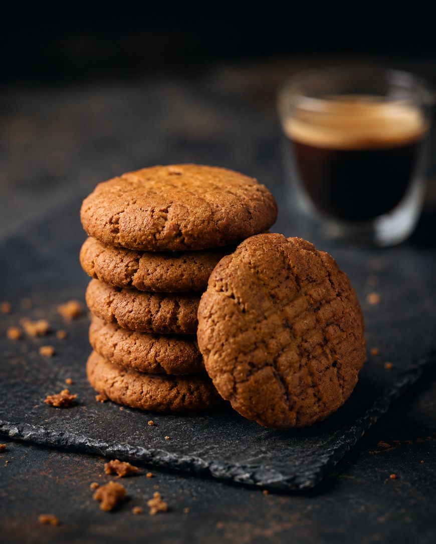 A stack of six golden brown cookies and one leaning against the stack are placed on a dark slate surface. In the background, there is a small glass cup filled with espresso.