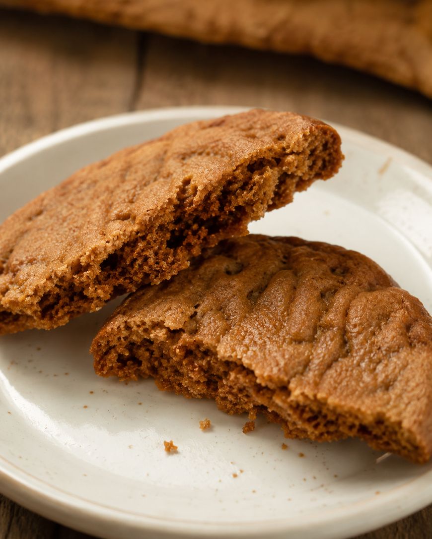 A close-up of a round peanut butter cookie broken in half, with both halves resting on a white plate. The cookie has a soft, crumbly texture and is placed on a wooden surface.