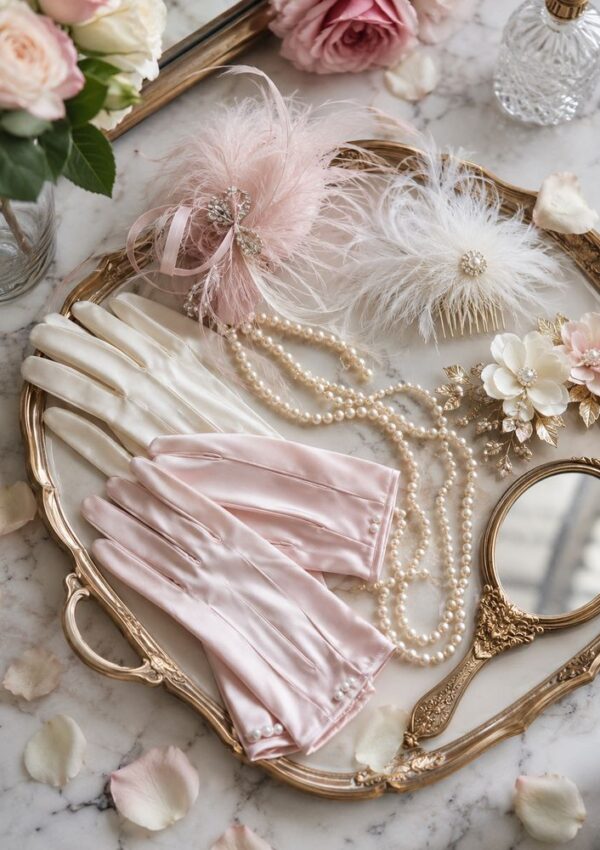 A vintage gold tray displays pearl necklaces, satin gloves, feathered hair accessories, floral brooches, and a gold hand mirror—perfect inspiration for Bridgerton party ideas—while rose petals and a vase of flowers set a romantic scene.