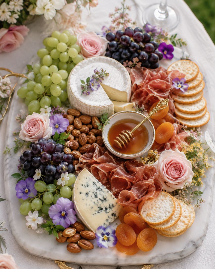 A marble platter with brie and blue cheese, prosciutto, green and purple grapes, crackers, dried apricots, almonds, a bowl of honey with a dipper, and garnished with purple and pink flowers and fresh herbs.