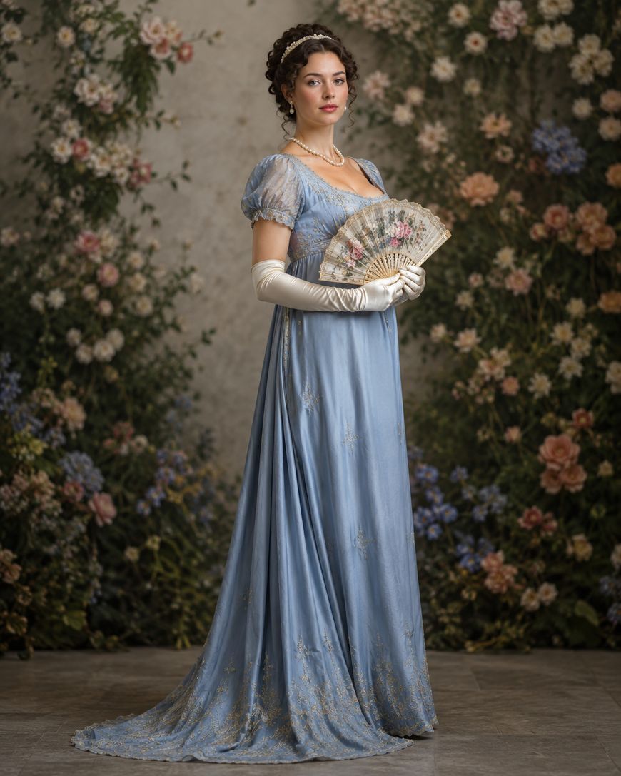A woman in a blue Regency-era gown, white gloves, and pearl necklace stands holding a floral fan. She is posed against a floral backdrop with a calm, composed expression.