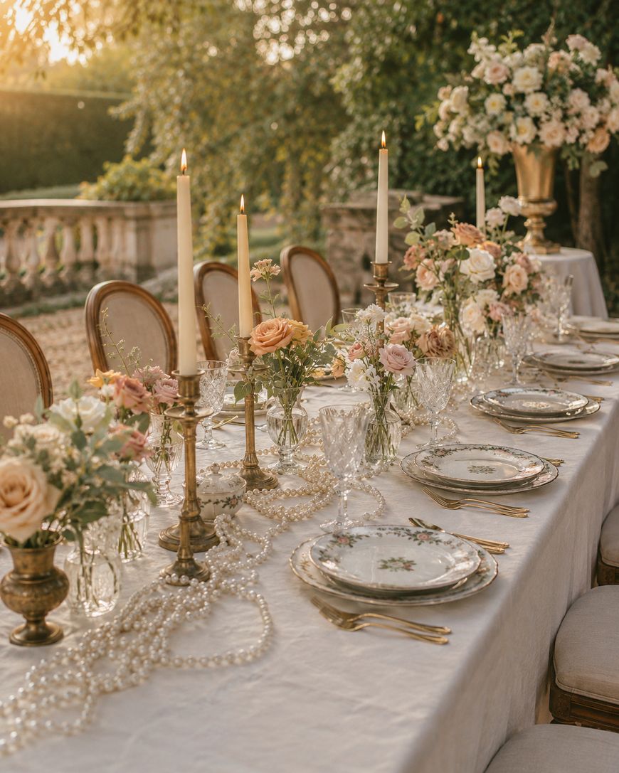 A beautifully set outdoor table with elegant floral arrangements, vintage plates, crystal glasses, gold cutlery, candles in brass holders, and pearl garlands, all on a white tablecloth in warm evening light.